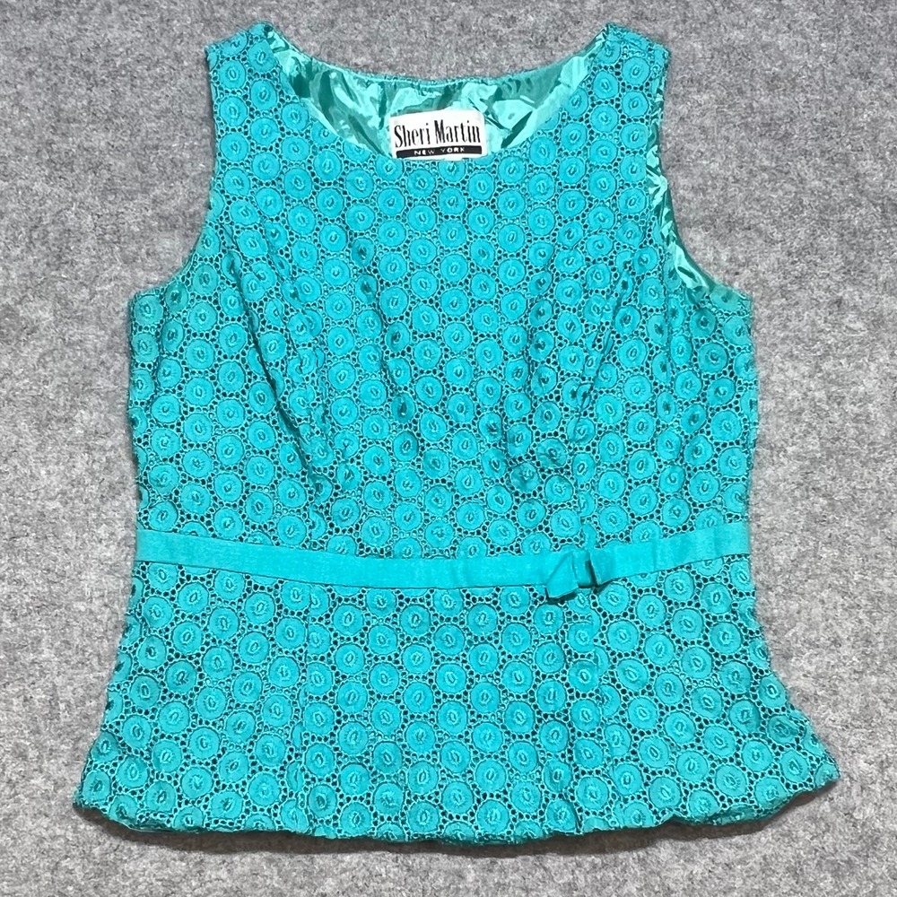 Sheri Martin New York Turquoise‎ Eyelet Lace Peplum Top Sleeveless Teal Size 8
